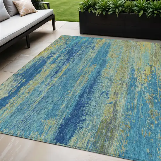 Navy Blue Sky Blue And Olive Green Abstract Washable Indoor Outdoor Area Rug Photo 2