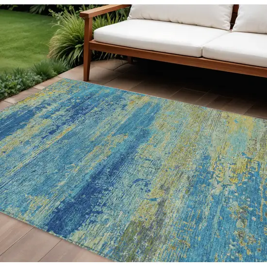 Navy Blue Sky Blue And Olive Green Abstract Washable Indoor Outdoor Area Rug Photo 2