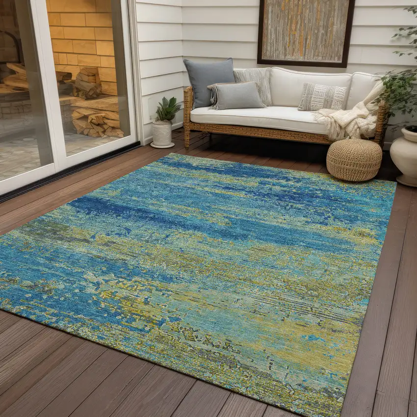 Navy Blue Sky Blue And Olive Green Abstract Washable Indoor Outdoor Area Rug Photo 4