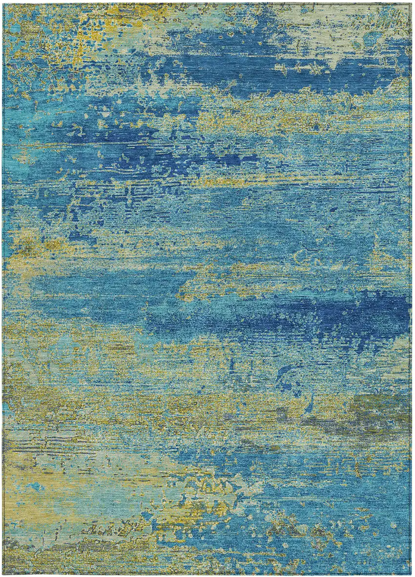 Navy Blue Sky Blue And Olive Green Abstract Washable Indoor Outdoor Area Rug Photo 1