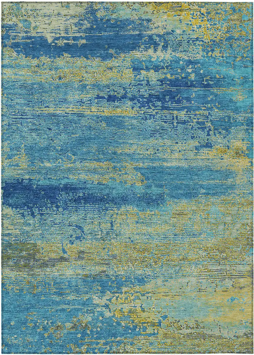 Navy Blue Sky Blue And Olive Green Abstract Washable Indoor Outdoor Area Rug Photo 8