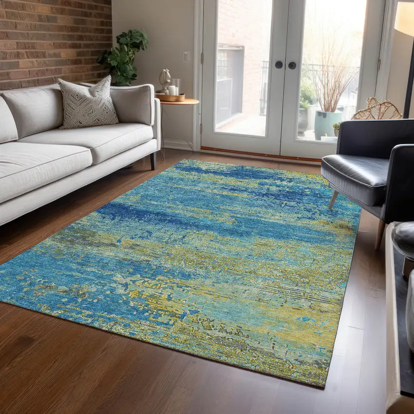 Navy Blue Sky Blue And Olive Green Abstract Washable Indoor Outdoor Area Rug Photo 5