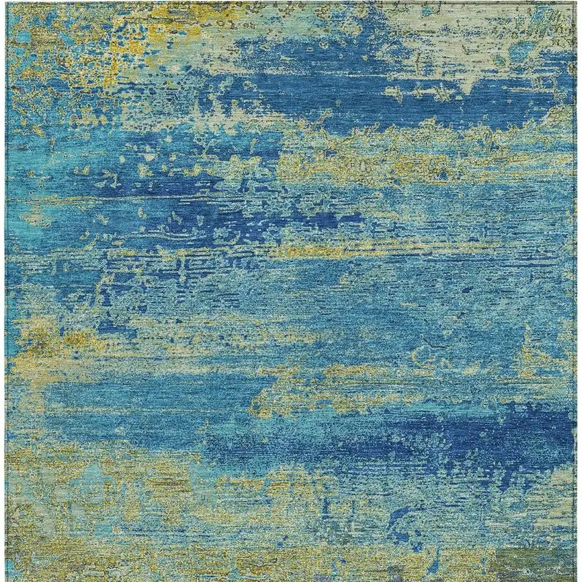 Navy Blue Sky Blue And Olive Green Abstract Washable Indoor Outdoor Area Rug Photo 3