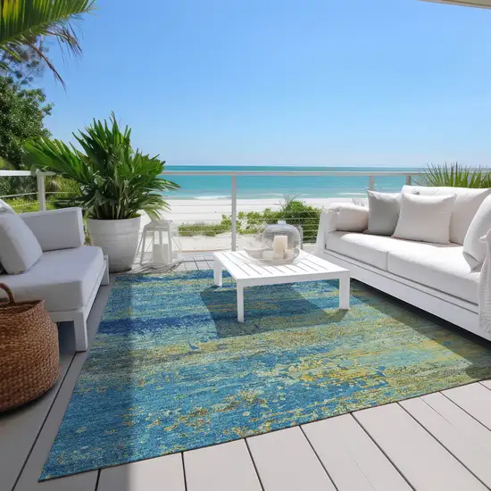 Navy Blue Sky Blue And Olive Green Abstract Washable Indoor Outdoor Area Rug Photo 8