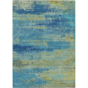 Photo of Navy Blue Sky Blue And Olive Green Abstract Washable Indoor Outdoor Area Rug