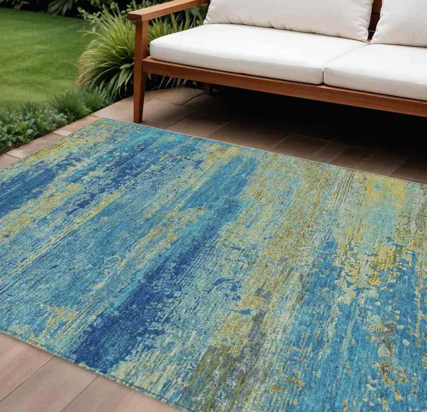 Navy Blue Sky Blue And Olive Green Abstract Washable Indoor Outdoor Area Rug Photo 2