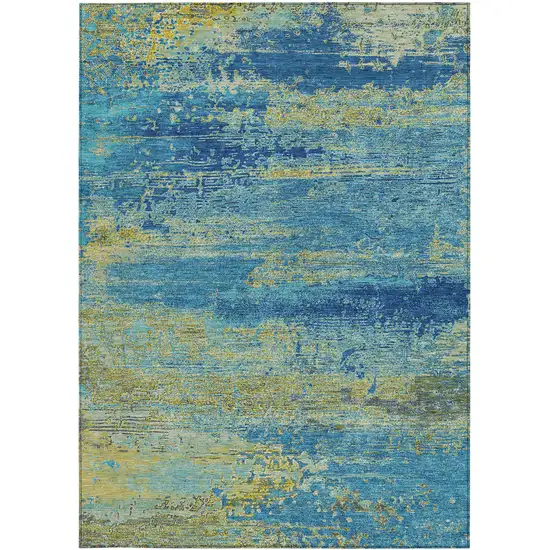 Navy Blue Sky Blue And Olive Green Abstract Washable Indoor Outdoor Area Rug Photo 4