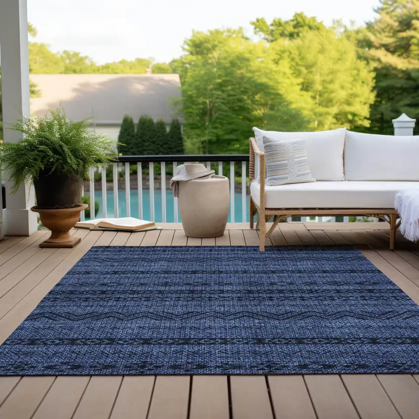 Navy Blue And Black Southwestern Washable Indoor Outdoor Area Rug Photo 9