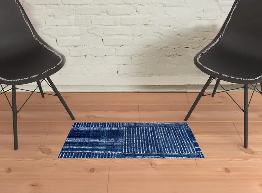 Navy Blue Striped Washable Area Rug With UV Protection Photo 2