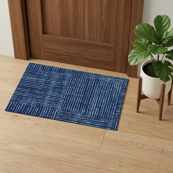 Navy Blue Striped Washable Area Rug With UV Protection Photo 1