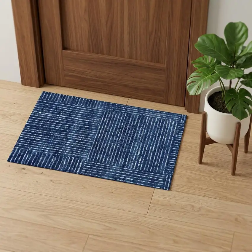 Navy Blue Striped Washable Area Rug With UV Protection Photo 1