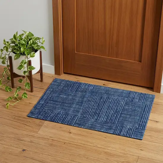 Navy Blue Striped Washable Area Rug With UV Protection Photo 1