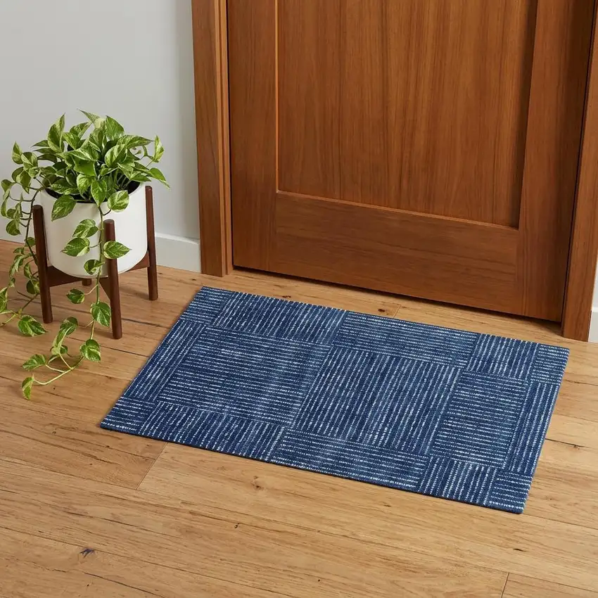 Navy Blue Striped Washable Area Rug With UV Protection Photo 1