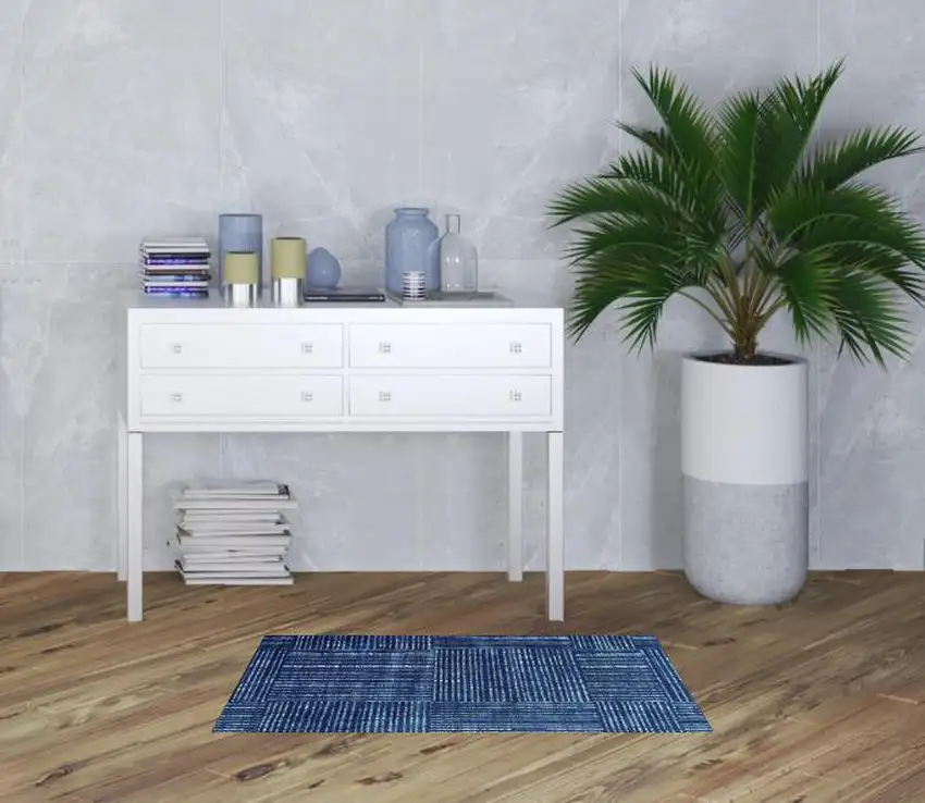 Navy Blue Striped Washable Area Rug With UV Protection Photo 2