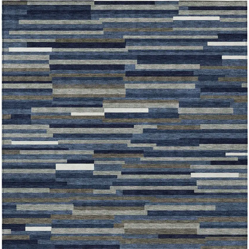 Navy Blue Striped Washable Indoor Outdoor Area Rug Photo 8
