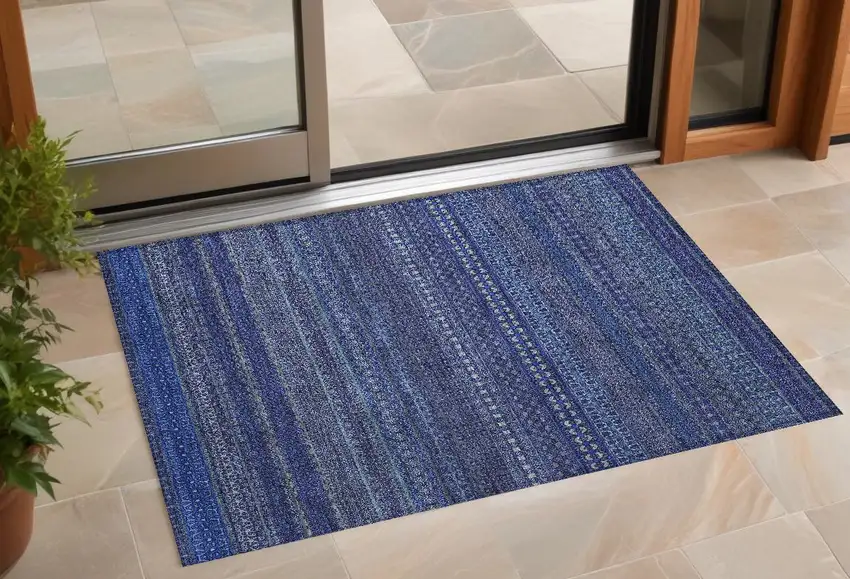 Navy Blue Striped Washable Non Skid Indoor Outdoor Area Rug Photo 1