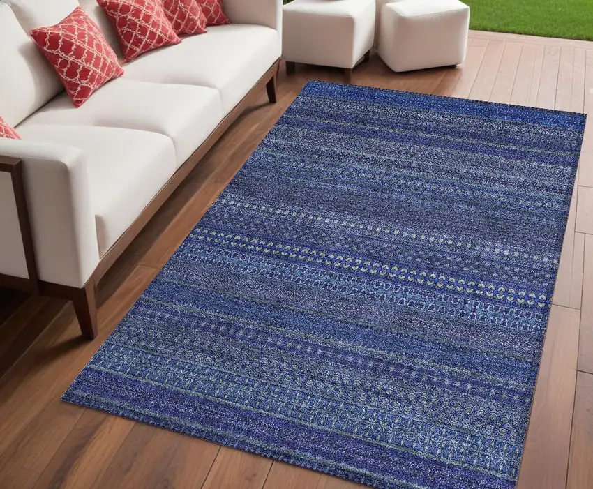 Navy Blue Striped Washable Non Skid Indoor Outdoor Area Rug Photo 1