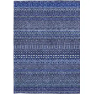 Photo of Navy Blue Striped Washable Non Skid Indoor Outdoor Area Rug