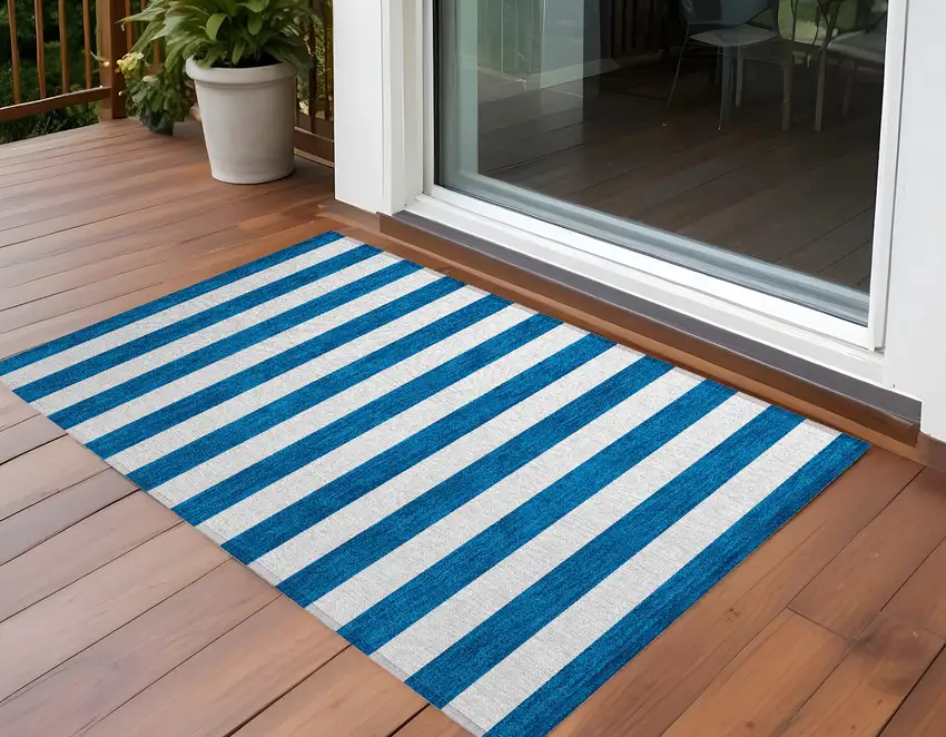 Navy Blue Striped Washable Non Skid Indoor Outdoor Area Rug Photo 1