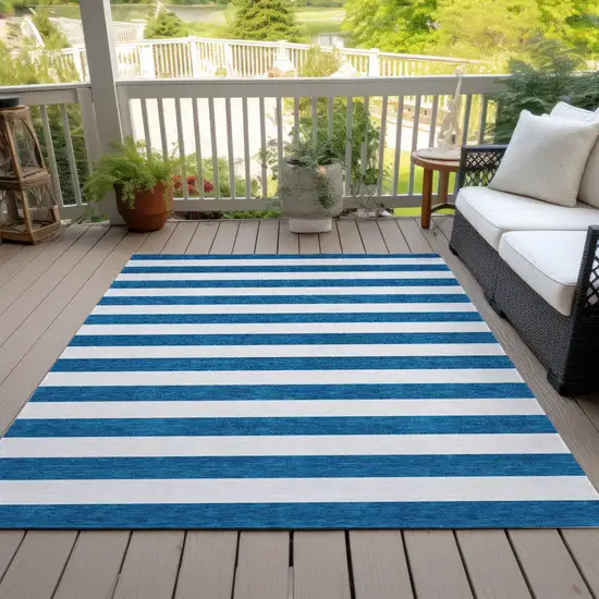 Navy Blue Striped Washable Non Skid Indoor Outdoor Area Rug Photo 7