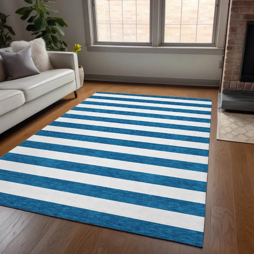 Navy Blue Striped Washable Non Skid Indoor Outdoor Area Rug Photo 8