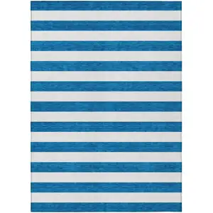 Photo of Navy Blue Striped Washable Non Skid Indoor Outdoor Area Rug
