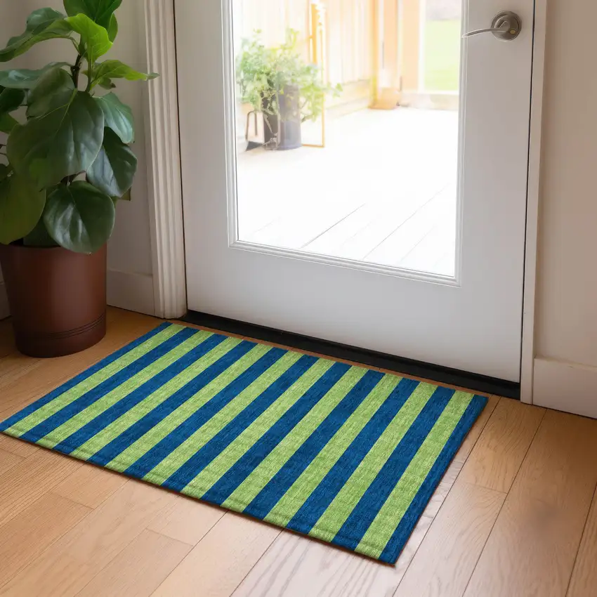 Navy Blue Striped Washable Non Skid Indoor Outdoor Area Rug Photo 9