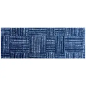 Photo of Navy Blue Striped Washable Runner Rug With UV Protection