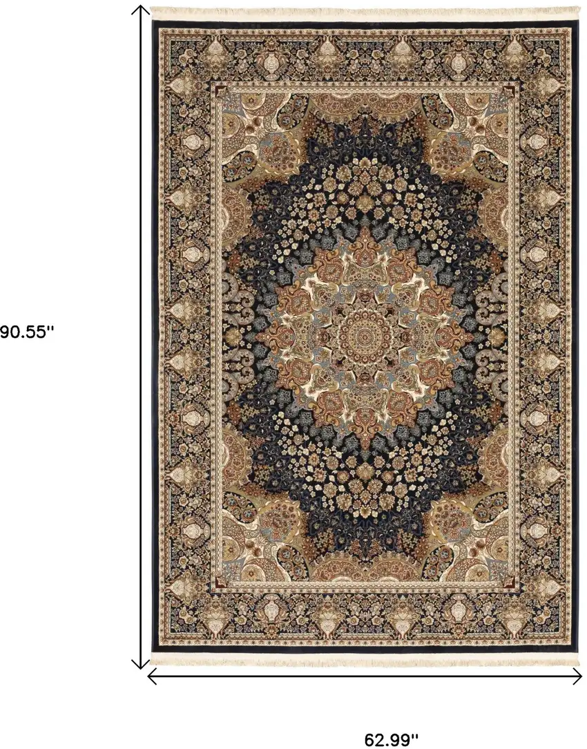 Navy Blue Tan And Black Medallion Area Rug With Fringe Photo 3