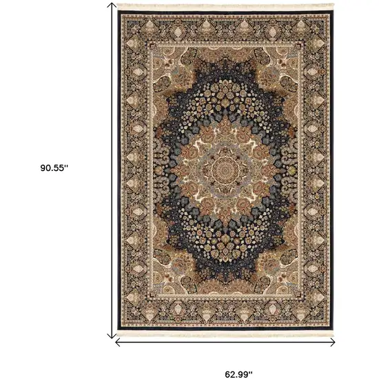 Navy Blue Tan And Black Medallion Area Rug With Fringe Photo 3