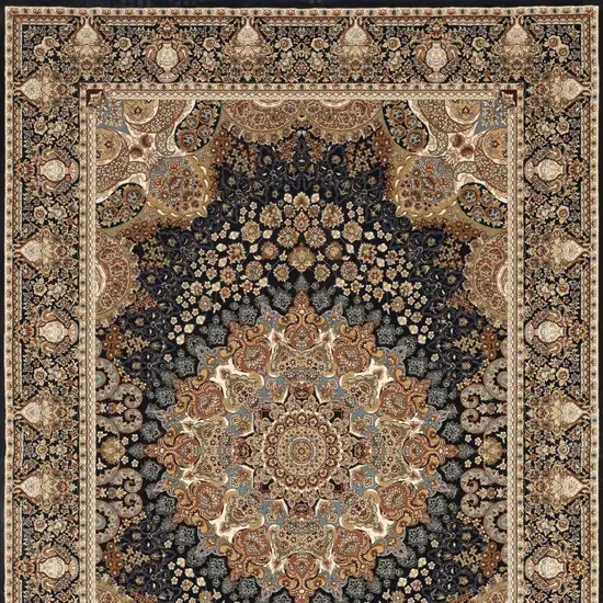 Navy Blue Tan And Black Medallion Area Rug With Fringe Photo 9