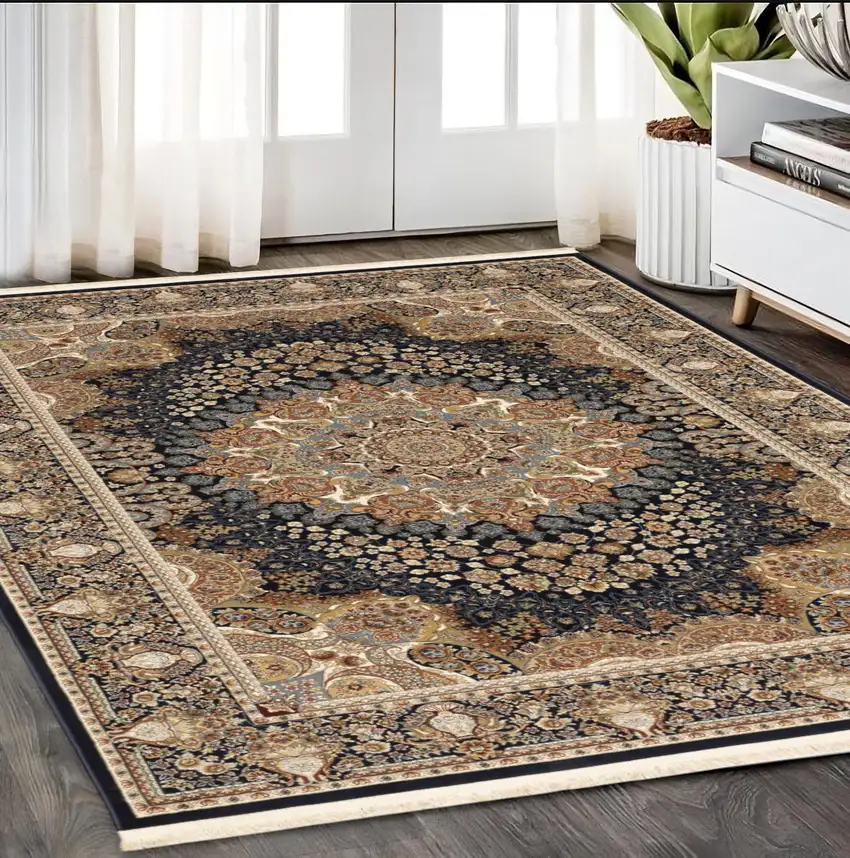 Navy Blue Tan And Black Medallion Area Rug With Fringe Photo 1