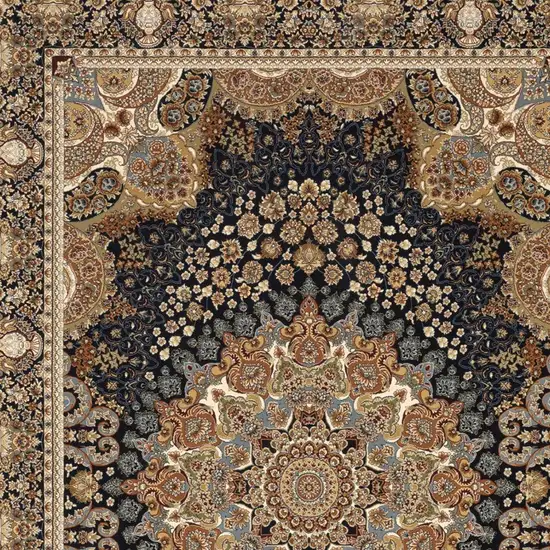 Navy Blue Tan And Black Medallion Area Rug With Fringe Photo 8