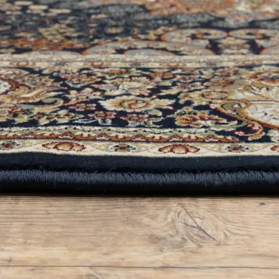 Navy Blue Tan And Black Medallion Area Rug With Fringe Photo 4