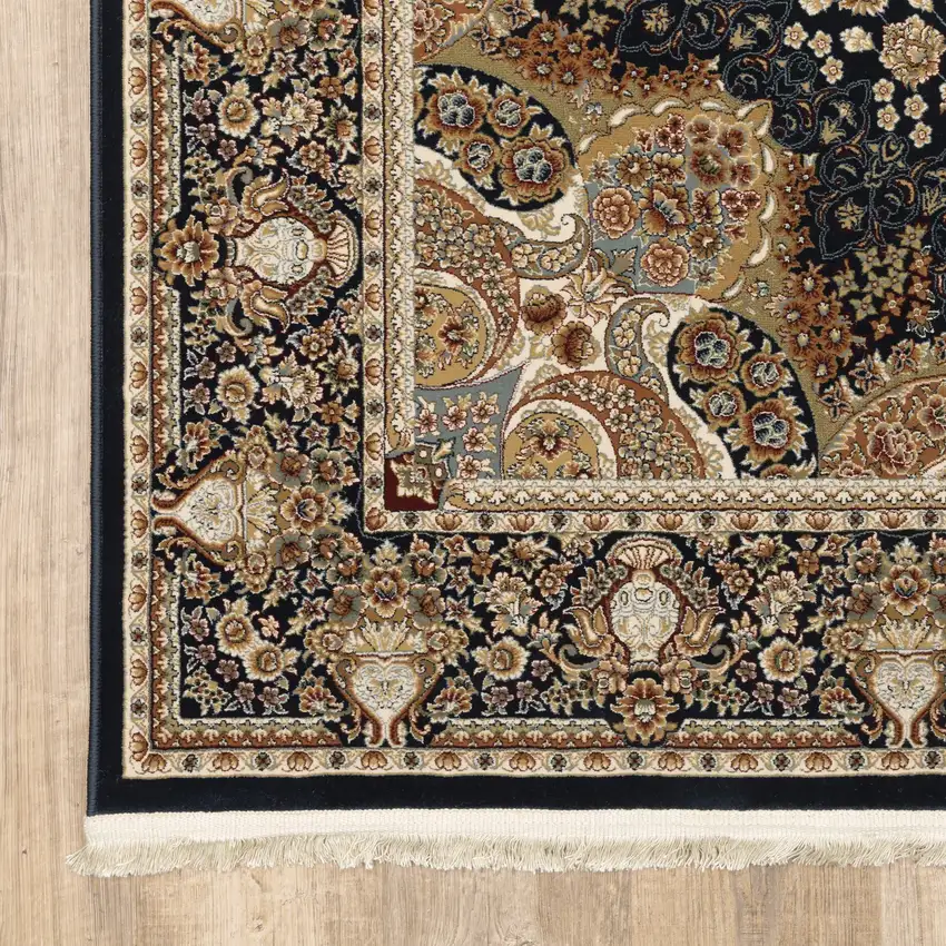 Navy Blue Tan And Black Medallion Area Rug With Fringe Photo 6