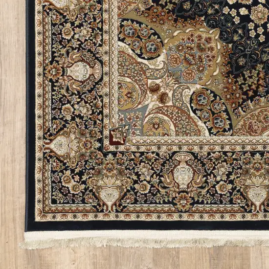 Navy Blue Tan And Black Medallion Area Rug With Fringe Photo 6