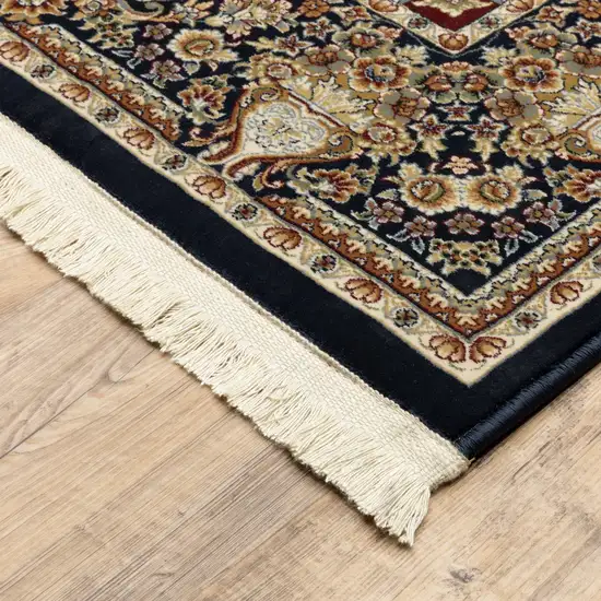 Navy Blue Tan And Black Medallion Area Rug With Fringe Photo 9