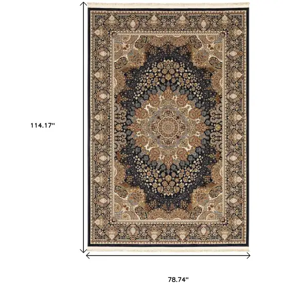 Navy Blue Tan And Black Medallion Area Rug With Fringe Photo 3