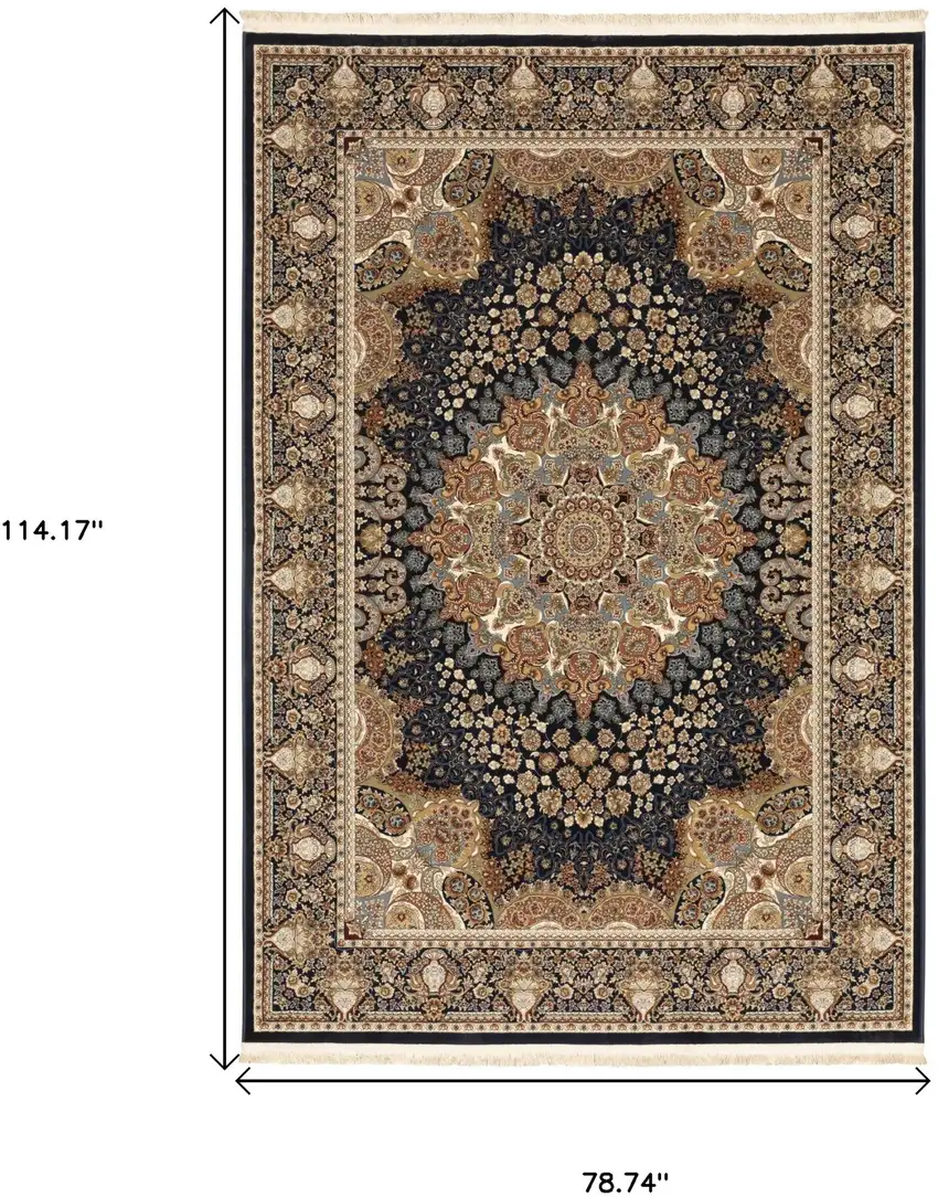 Navy Blue Tan And Black Medallion Area Rug With Fringe Photo 3