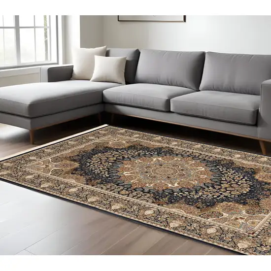Navy Blue Tan And Black Medallion Area Rug With Fringe Photo 1