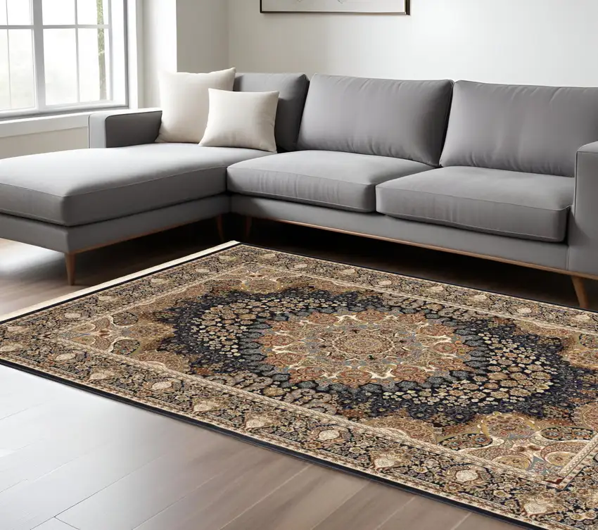 Navy Blue Tan And Black Medallion Area Rug With Fringe Photo 1