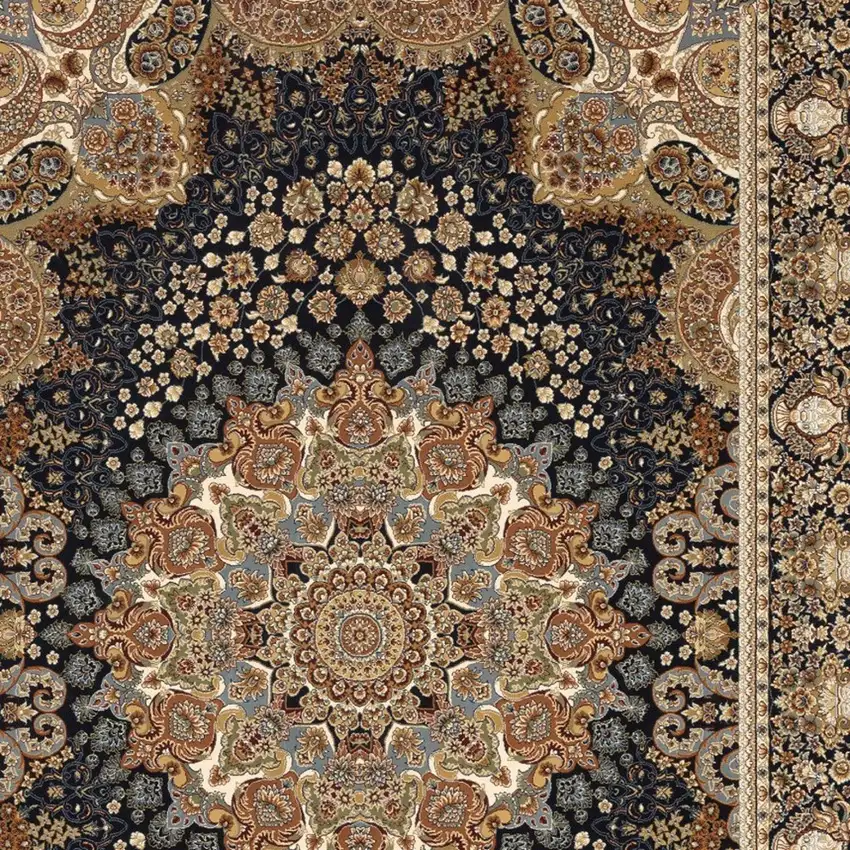 Navy Blue Tan And Black Medallion Area Rug With Fringe Photo 8