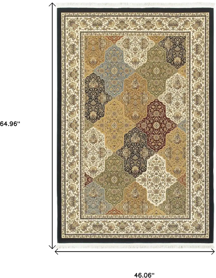 Navy Blue Tan And Black Oriental Area Rug With Fringe Photo 3