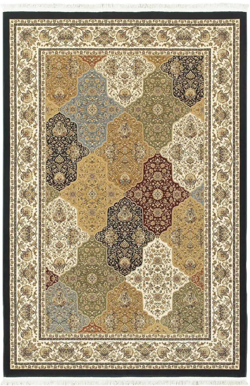 Navy Blue Tan And Black Oriental Area Rug With Fringe Photo 2