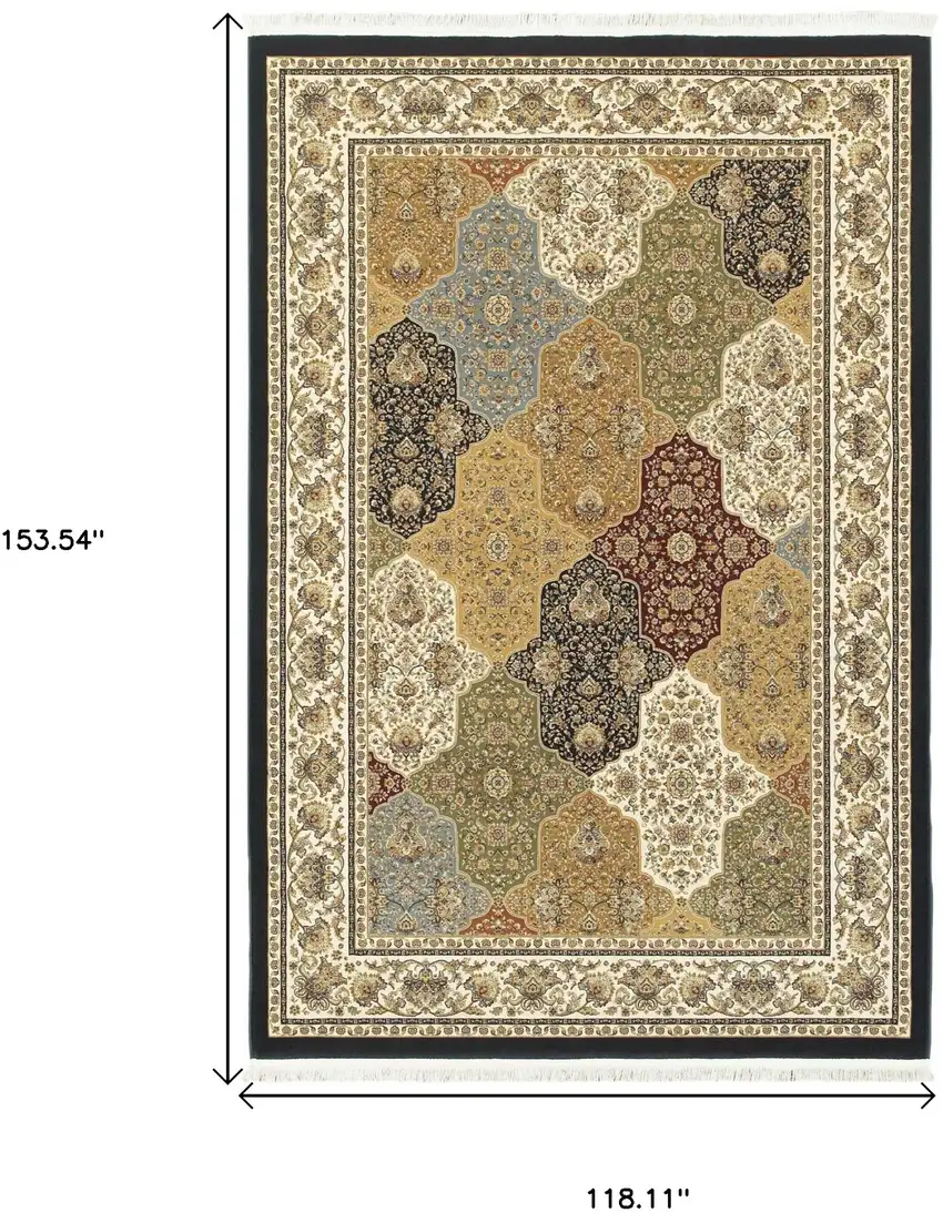 Navy Blue Tan And Black Oriental Area Rug With Fringe Photo 3