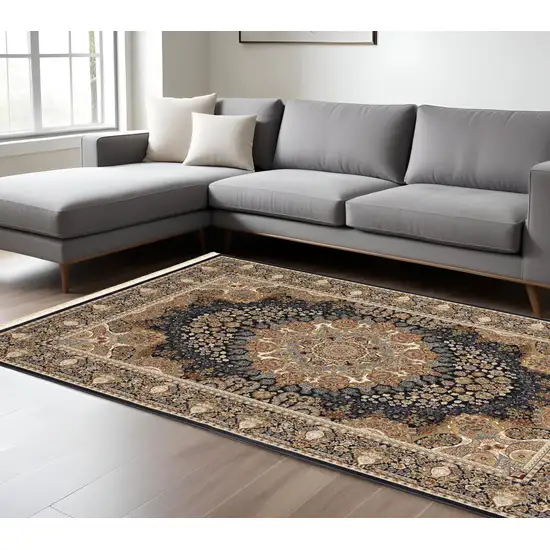 Navy Blue Tan And Ivory Medallion Area Rug With Fringe Photo 1