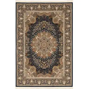 Photo of Navy Blue Tan And Ivory Medallion Area Rug With Fringe