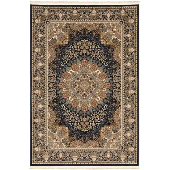 Navy Blue Tan And Ivory Medallion Area Rug With Fringe Photo 2