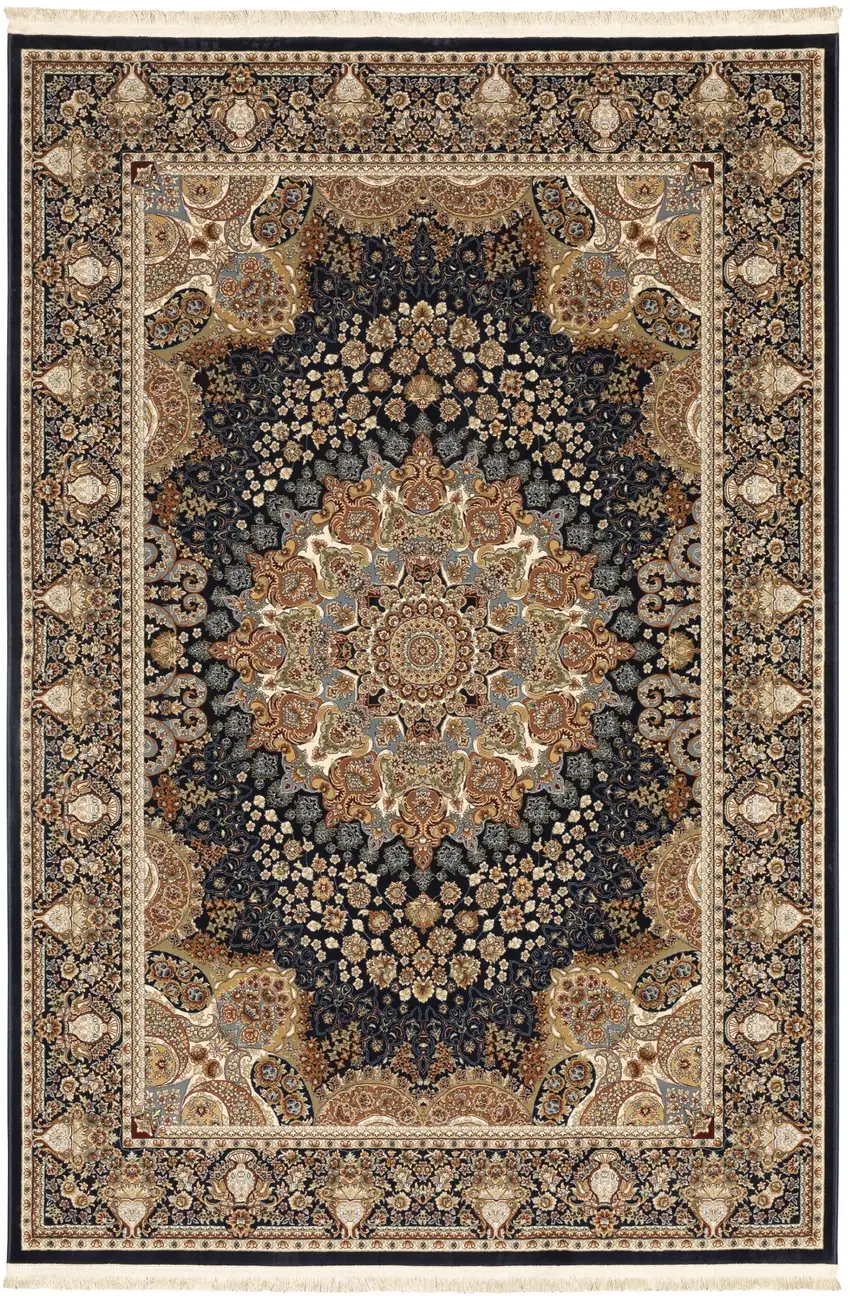 Navy Blue Tan And Ivory Medallion Area Rug With Fringe Photo 2