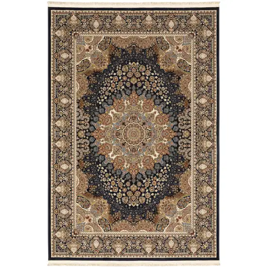 Navy Blue Tan And Ivory Medallion Area Rug With Fringe Photo 4